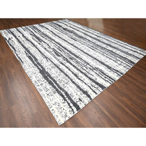 12'x14'9" Black with Ivory, Hand Knotted, Modern Vertical Broken Stripe Design, Organic Undyed Wool, Soft and Vibrant Pile, Oversize Oriental Rug FWR506676