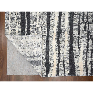 12'x14'9" Black with Ivory, Hand Knotted, Modern Vertical Broken Stripe Design, Organic Undyed Wool, Soft and Vibrant Pile, Oversize Oriental Rug FWR506676