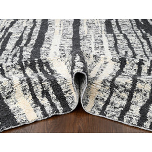 12'x14'9" Black with Ivory, Hand Knotted, Modern Vertical Broken Stripe Design, Organic Undyed Wool, Soft and Vibrant Pile, Oversize Oriental Rug FWR506676