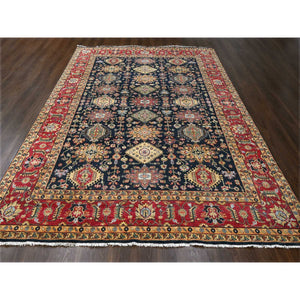 9'x12' Carbon Black With Turkey Red, Karajeh Design with All Over Pattern, Vegetable Dyes, Pure Wool, Soft Pile, Hand Knotted, Oriental Rug FWR506742