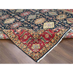 9'x12' Carbon Black With Turkey Red, Karajeh Design with All Over Pattern, Vegetable Dyes, Pure Wool, Soft Pile, Hand Knotted, Oriental Rug FWR506742