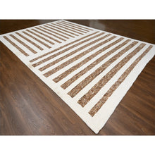 Load image into Gallery viewer, 12&#39;1&quot;x17&#39;9&quot; Leather Brown and Ivory, Pure Wool, Soft and Vibrant Pile, Minimalist Stripe Design, Hand Knotted, Oversized Oriental Rug FWR506772