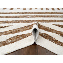Load image into Gallery viewer, 12&#39;1&quot;x17&#39;9&quot; Leather Brown and Ivory, Pure Wool, Soft and Vibrant Pile, Minimalist Stripe Design, Hand Knotted, Oversized Oriental Rug FWR506772