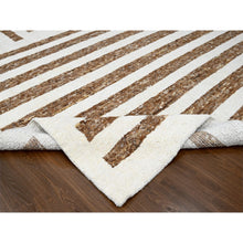 Load image into Gallery viewer, 12&#39;1&quot;x17&#39;9&quot; Leather Brown and Ivory, Pure Wool, Soft and Vibrant Pile, Minimalist Stripe Design, Hand Knotted, Oversized Oriental Rug FWR506772