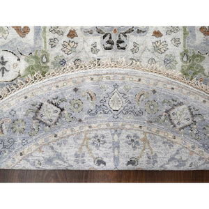 5'x5' Chrome with Oxford Gray, Denser Weave, Oushak with Floral Motifs, Soft Wool, Hand Knotted, Round Oriental Rug FWR507024