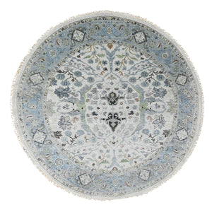 7'x7' Chrome Gray, Hand Knotted, Natural Dyes, Oushak with Floral Motifs, Denser Weave, Pure Wool, Round, Oriental Rug FWR507036