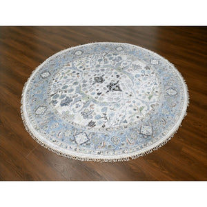 7'x7' Chrome Gray, Hand Knotted, Natural Dyes, Oushak with Floral Motifs, Denser Weave, Pure Wool, Round, Oriental Rug FWR507036