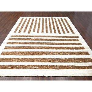 12'2"x14'10" Leather Brown and Ivory, Natural Dyes, Pure Wool, Minimalist Stripe Design, Thick and Soft Pile, Hand Knotted, Oversized Oriental Rug FWR507252
