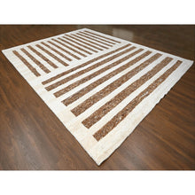 Load image into Gallery viewer, 12&#39;2&quot;x14&#39;10&quot; Leather Brown and Ivory, Natural Dyes, Pure Wool, Minimalist Stripe Design, Thick and Soft Pile, Hand Knotted, Oversized Oriental Rug FWR507252