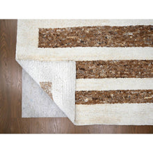 Load image into Gallery viewer, 12&#39;2&quot;x14&#39;10&quot; Leather Brown and Ivory, Natural Dyes, Pure Wool, Minimalist Stripe Design, Thick and Soft Pile, Hand Knotted, Oversized Oriental Rug FWR507252