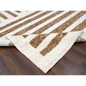 12'2"x14'10" Leather Brown and Ivory, Natural Dyes, Pure Wool, Minimalist Stripe Design, Thick and Soft Pile, Hand Knotted, Oversized Oriental Rug FWR507252