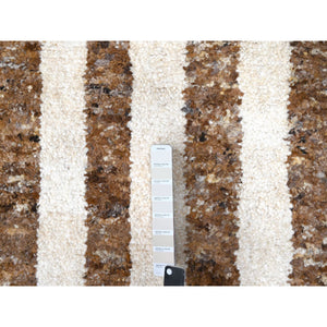 12'2"x14'10" Leather Brown and Ivory, Natural Dyes, Pure Wool, Minimalist Stripe Design, Thick and Soft Pile, Hand Knotted, Oversized Oriental Rug FWR507252