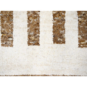 12'2"x14'10" Leather Brown and Ivory, Natural Dyes, Pure Wool, Minimalist Stripe Design, Thick and Soft Pile, Hand Knotted, Oversized Oriental Rug FWR507252