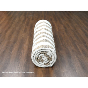 12'2"x14'10" Leather Brown and Ivory, Natural Dyes, Pure Wool, Minimalist Stripe Design, Thick and Soft Pile, Hand Knotted, Oversized Oriental Rug FWR507252