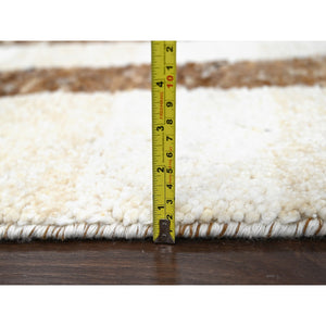 12'2"x14'10" Leather Brown and Ivory, Natural Dyes, Pure Wool, Minimalist Stripe Design, Thick and Soft Pile, Hand Knotted, Oversized Oriental Rug FWR507252