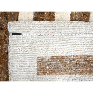 12'2"x14'10" Leather Brown and Ivory, Natural Dyes, Pure Wool, Minimalist Stripe Design, Thick and Soft Pile, Hand Knotted, Oversized Oriental Rug FWR507252