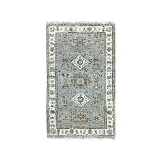 3'x5' Metallic Gray, Karajeh Design with Geometric Medallion, Extra Soft Wool, Hand Knotted, Oriental Rug FWR507282