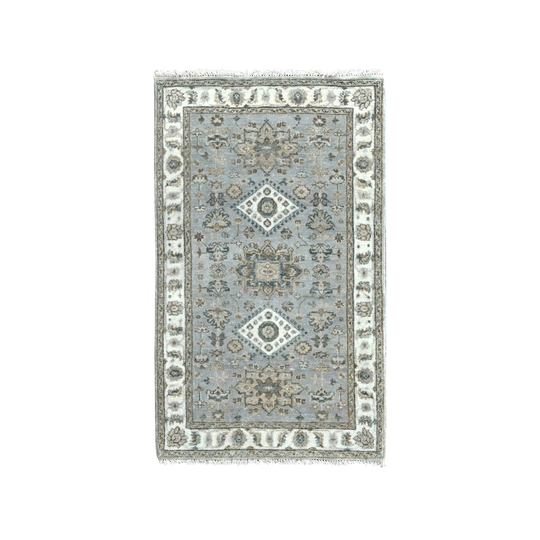 3'x5' Metallic Gray, Karajeh Design with Geometric Medallion, Extra Soft Wool, Hand Knotted, Oriental Rug FWR507282