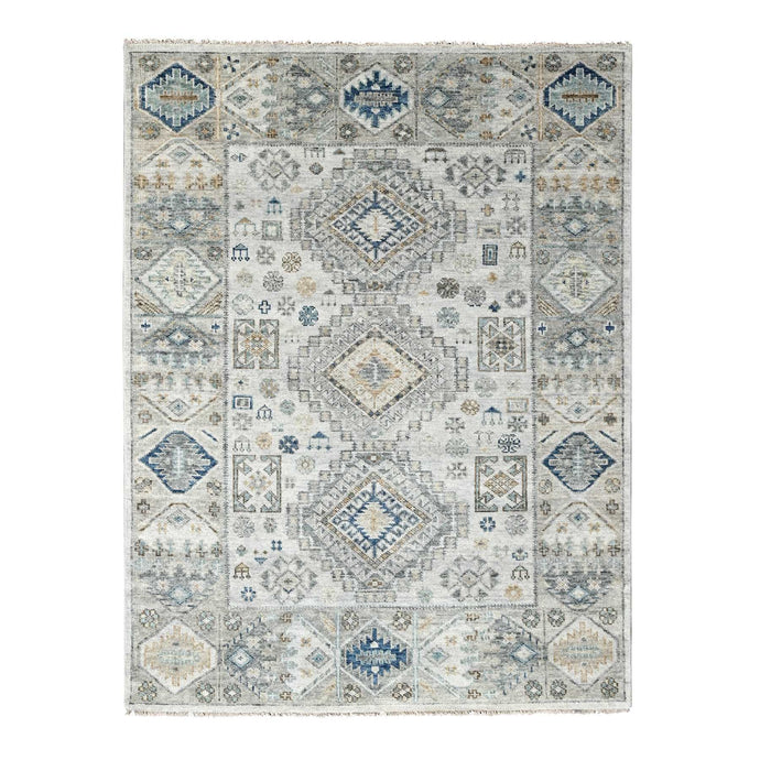 8'x10' Lexicon White with Ash Gray, Vegetable Dyes, Pure Wool, Hand Knotted, Supple Collection, Kazak with Geometric Medallions Design, Oriental Rug FWR507432