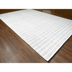12'x18'1" Smoky White with Cynical Black, 100% wool, Hand Loomed, Modern Textured and Variegated Line Design, Oversized Oriental Rug FWR507492