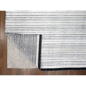 12'x18'1" Smoky White with Cynical Black, 100% wool, Hand Loomed, Modern Textured and Variegated Line Design, Oversized Oriental Rug FWR507492