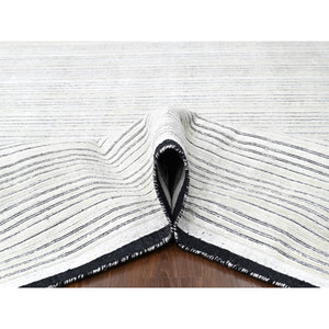 12'x18'1" Smoky White with Cynical Black, 100% wool, Hand Loomed, Modern Textured and Variegated Line Design, Oversized Oriental Rug FWR507492