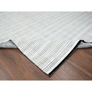 12'x18'1" Smoky White with Cynical Black, 100% wool, Hand Loomed, Modern Textured and Variegated Line Design, Oversized Oriental Rug FWR507492