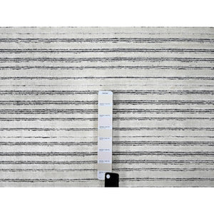 12'x18'1" Smoky White with Cynical Black, 100% wool, Hand Loomed, Modern Textured and Variegated Line Design, Oversized Oriental Rug FWR507492