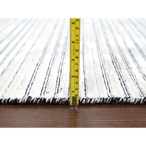 12'x18'1" Smoky White with Cynical Black, 100% wool, Hand Loomed, Modern Textured and Variegated Line Design, Oversized Oriental Rug FWR507492