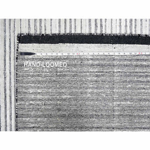 12'x18'1" Smoky White with Cynical Black, 100% wool, Hand Loomed, Modern Textured and Variegated Line Design, Oversized Oriental Rug FWR507492