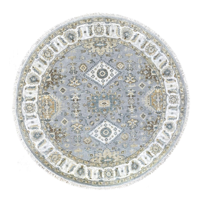 6'x6' Lavender Gray, Hand Knotted, Vegetable Dyes, Karajeh Design with Geometric Medallion, Extra Soft Wool, Round Oriental Rug FWR507834