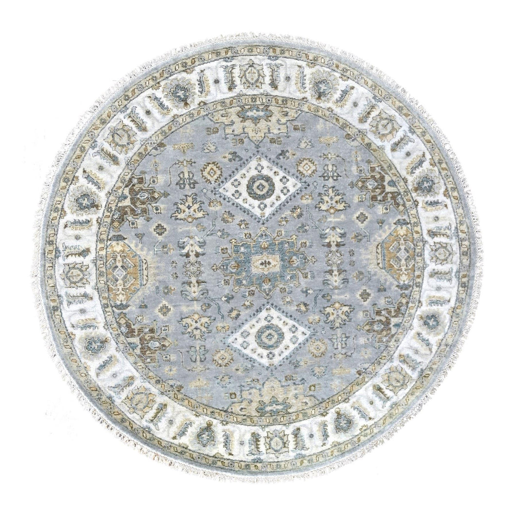 6'x6' Lavender Gray, Hand Knotted, Vegetable Dyes, Karajeh Design with Geometric Medallion, Extra Soft Wool, Round Oriental Rug FWR507834