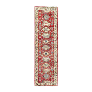 2'9"x10' Crimson Red, Hand Knotted, Organic Wool, Karajeh Design, Soft to the Touch Pile, Runner Oriental Rug FWR507918
