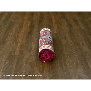 2'9"x10' Crimson Red, Hand Knotted, Organic Wool, Karajeh Design, Soft to the Touch Pile, Runner Oriental Rug FWR507918