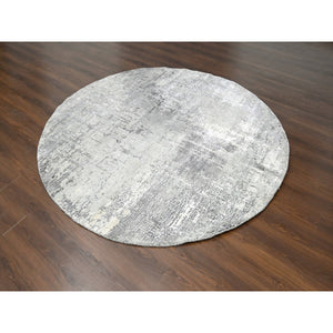 8'x8' Cloud Gray, Abstract with Mosaic Design, Wool and Silk, Hand Knotted, Round Oriental Rug FWR507942