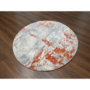 5'x5' Ash Gray, Abstract with Fire Mosaic Design, Wool and Silk, Hand Knotted, Round Oriental Rug FWR507948