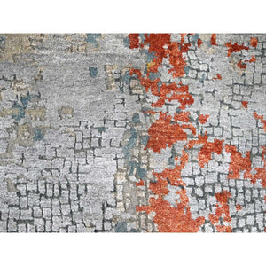 8'9"x11'7" Ash Gray, Hand Knotted, Abstract with Fire Mosaic Design, Wool and Silk, Oriental Rug FWR507954
