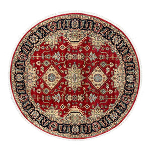 6'2"x6'2" Maroon Red, Karajeh Design with Geometric Medallions, Pure Wool, Hand Knotted, Round Oriental Rug FWR507966