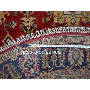 6'2"x6'2" Maroon Red, Karajeh Design with Geometric Medallions, Pure Wool, Hand Knotted, Round Oriental Rug FWR507966