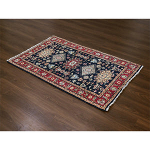 3'2"x5' Denim Black, Karajeh Design with All Over Pattern, Vegetable Dyes, Soft Pile, Pure Wool, Hand Knotted, Oriental Rug FWR507972