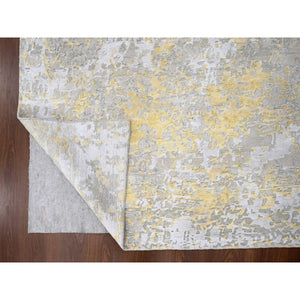 7'10"x9'9" Pale Yellow, Wool and Silk, Hand Knotted, Abstract Design, Hi-Low Pile, Oriental Rug FWR508062