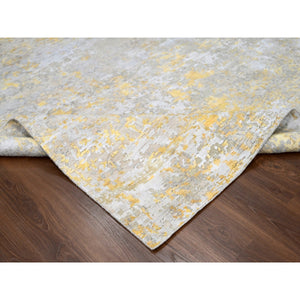 7'10"x9'9" Pale Yellow, Wool and Silk, Hand Knotted, Abstract Design, Hi-Low Pile, Oriental Rug FWR508062