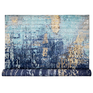 13'9"x17'9" Space Cadet Blue, Mosaic Design, Wool and Silk, Hand Knotted, Oversized Oriental Rug FWR508080