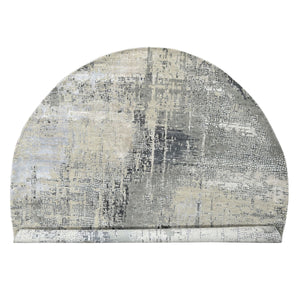 9'10"x9'10" Cloud Gray, Hand Knotted, Abstract with Mosaic Design, Wool and Silk, Round Oriental Rug FWR508086