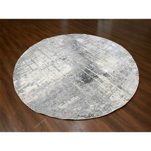 9'10"x9'10" Cloud Gray, Hand Knotted, Abstract with Mosaic Design, Wool and Silk, Round Oriental Rug FWR508086