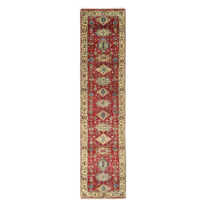 2'7"x12' Fire Brick Red, Karajeh with Geometric Medallions Design, Pure Wool, Hand Knotted, Runner Oriental Rug FWR508104