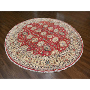 12'x12' Fire Brick Red, Karajeh with Geometric Medallions Design, Pure Wool, Hand Knotted, Round Oriental Rug FWR508116