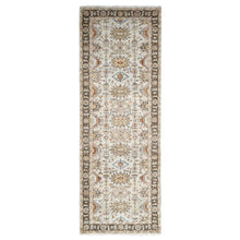 Load image into Gallery viewer, 4&#39;2&quot;x12&#39; Goose Gray, Pure Wool, Hand Knotted, Karajeh Design with Tribal Medallions, Wide Runner Oriental Rug FWR508146