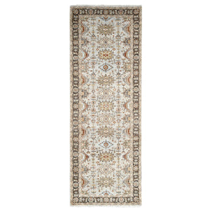 4'2"x12' Goose Gray, Pure Wool, Hand Knotted, Karajeh Design with Tribal Medallions, Wide Runner Oriental Rug FWR508146