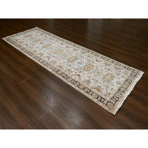 4'2"x12' Goose Gray, Pure Wool, Hand Knotted, Karajeh Design with Tribal Medallions, Wide Runner Oriental Rug FWR508146